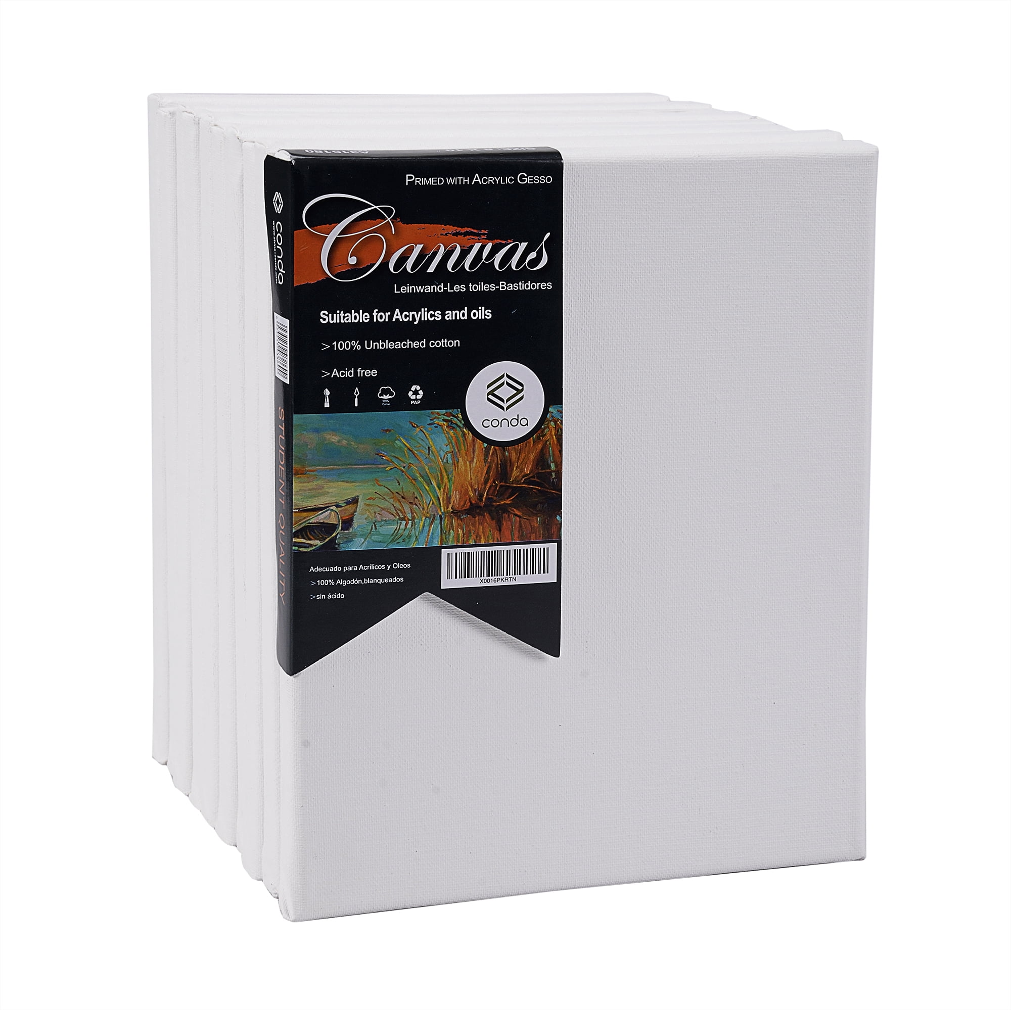 CONDA 8x10 inch Stretched Canvas for Painting, Pack of 10, 100% Cotton,5/8  Inch Profile Value Bulk Pack for Acrylics, Oils Painting 