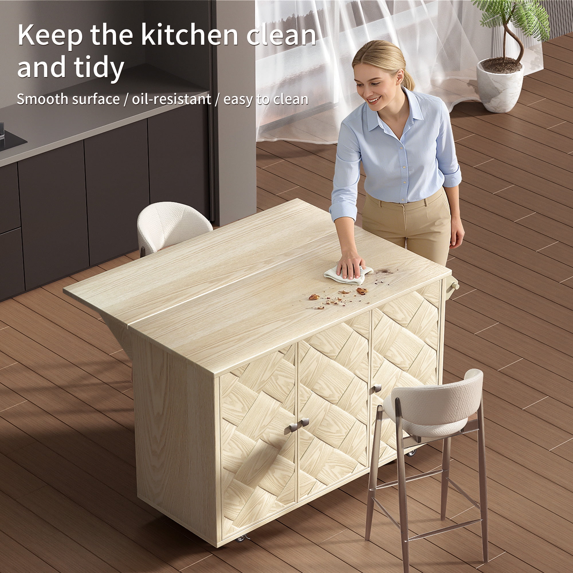 OMCHOM 51.2" Kitchen Island with Folding Drop Leaf,Rolling Cart Table with Storage and Towel Rack,Champagne