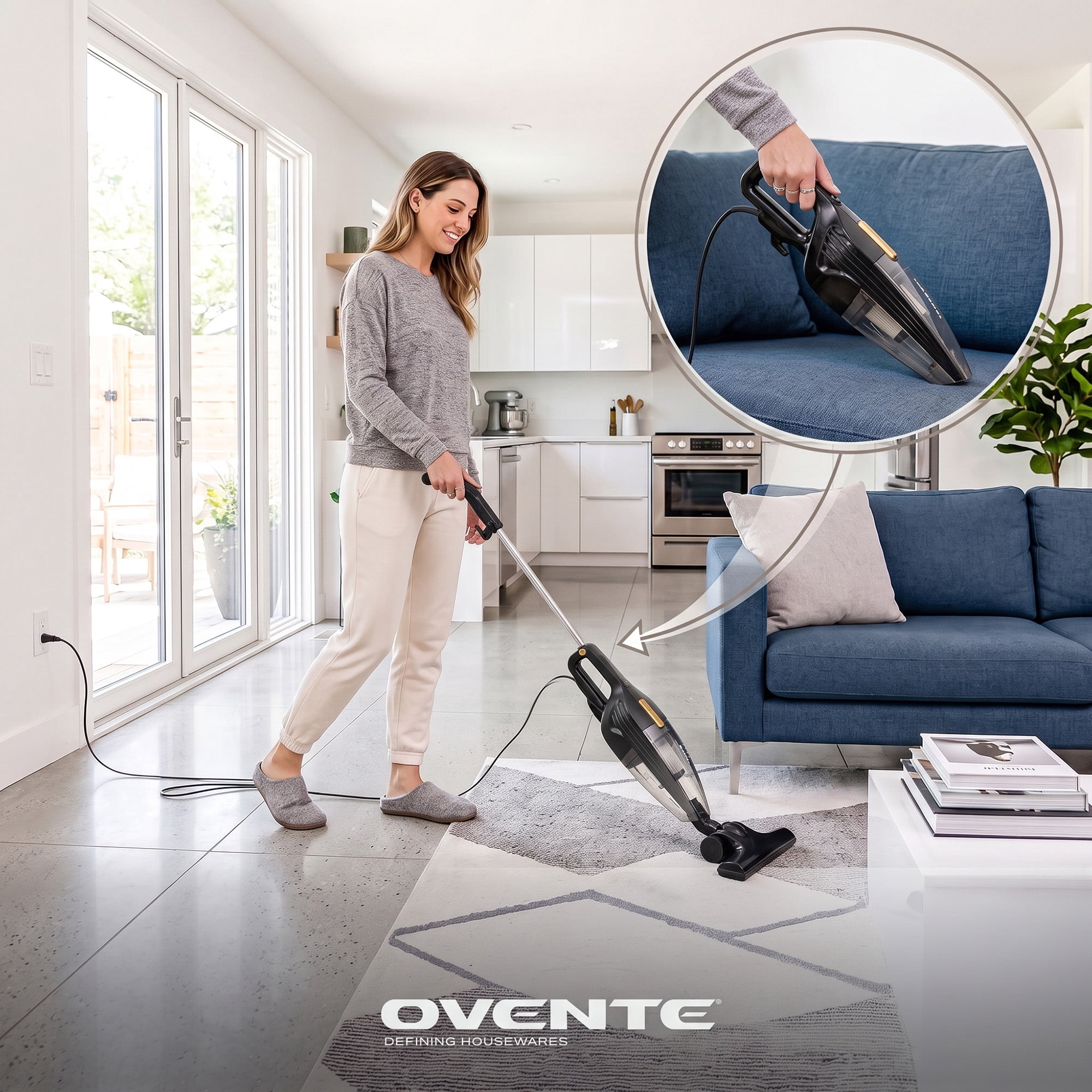 OVENTE Electric Corded Stick Vacuum, 600W Motor, Black ST101BGD | Powerful Suction, Handheld Lightweight Bagless Multi-Surface Cleaner for Home, Includes Floor Brush and Crevice Nozzle Tool