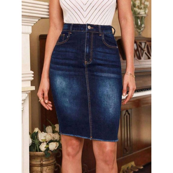 Dark Wash High-Waist Raw Hem Pencil Denim Skirt For Women