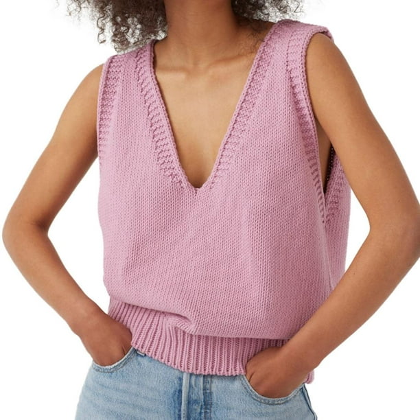 Women's Boxy Solid Color Low V Neck Marled Knitted Sweater Vest Tops -  Walmart.com