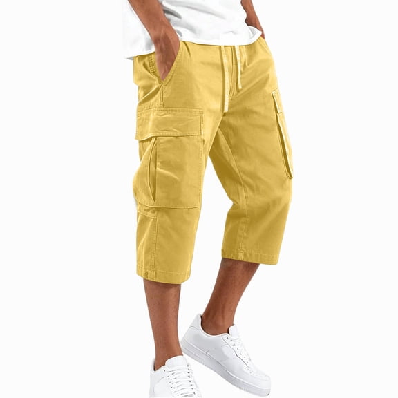 Dresfit Men's Cargo Shorts Drawstring Below the Knee Hiking Shorts 2026 Summer Breathable Bermuda Capri Shorts Lightweight Loose Big and Tall Capri Pants M