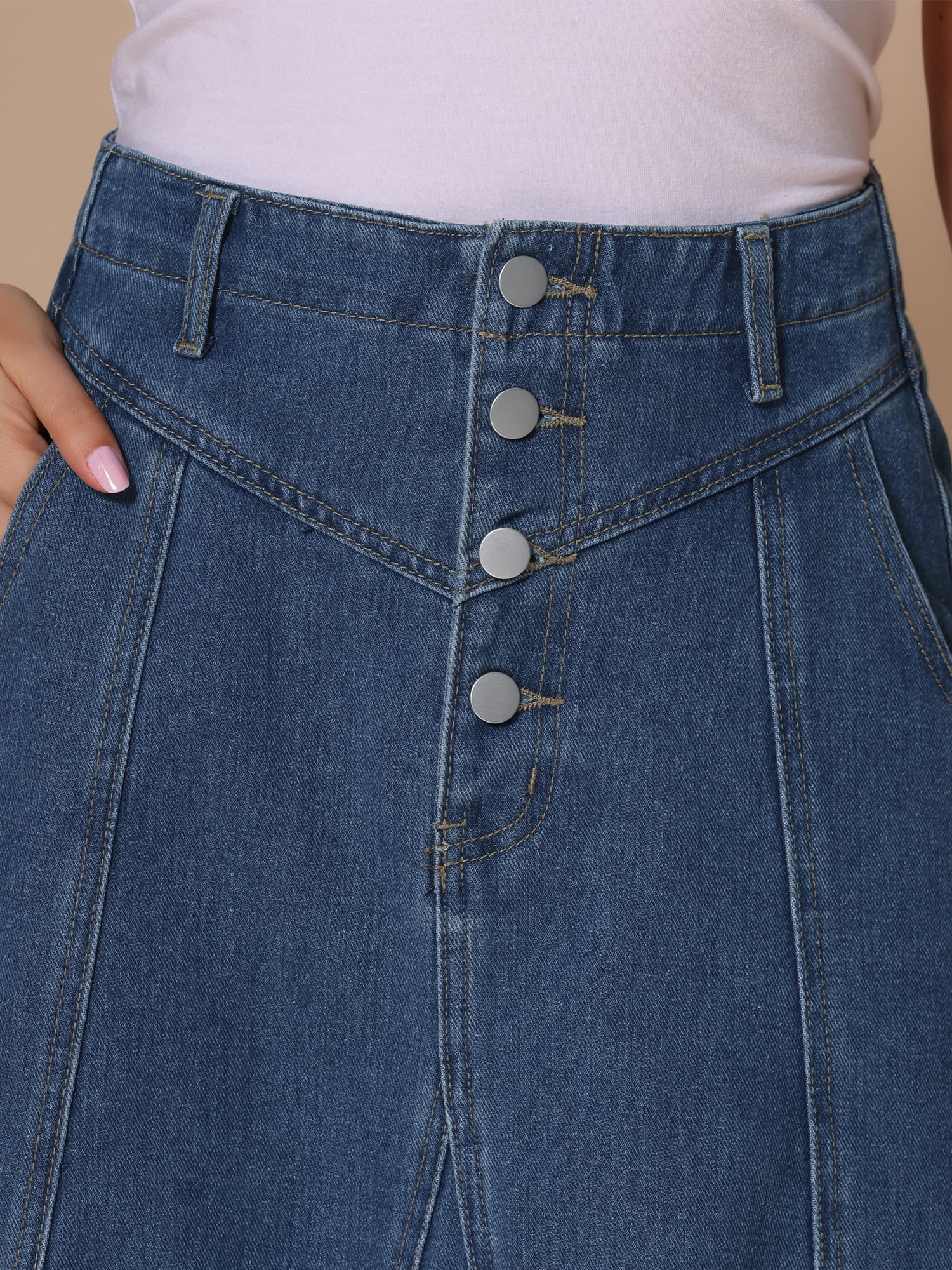 DARING DIVA Women's High Waisted A-Line Frayed Midi Skirt with Pockets M Blue