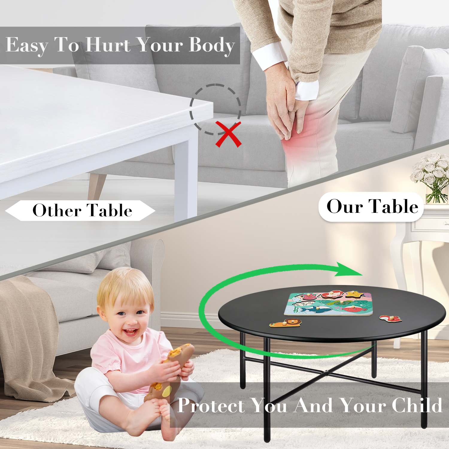CERBIOR Patio Round Steel Coffee Table, Weather Resistant Anti-Rust and Waterproof Indoor and Outdoor Large Side Table, for Garden Living Room Bedroom Balcony（Black）