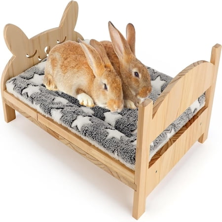 Cartoon Wooden Bunny Bed Detachable Indoor Pet Habitat with Soft Cushion, Comfort Rest House Cage for Kitten Hamster Squirrel Sugar Glider Small Animals