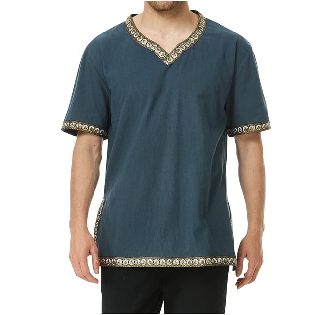 Camisas de Manga Corta de los Hombres Estilo Étnico Impreso Hendidura Cuello en V, Ligero Top Transpirable para la Primavera Y el Verano