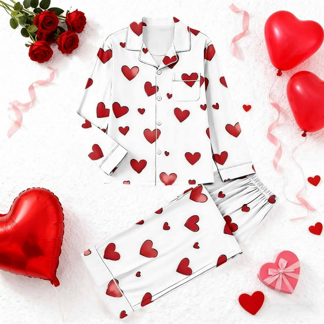 RKSTN Women's Valentines Pajama Sets Plus Size Notch Collar Button Down Valentine's Day Print T Shirt Top and Pjs Pant 2 Piece Matching Set Casual Lapel Sleepwear Shirt Pjs Loungewear Two Piece Set