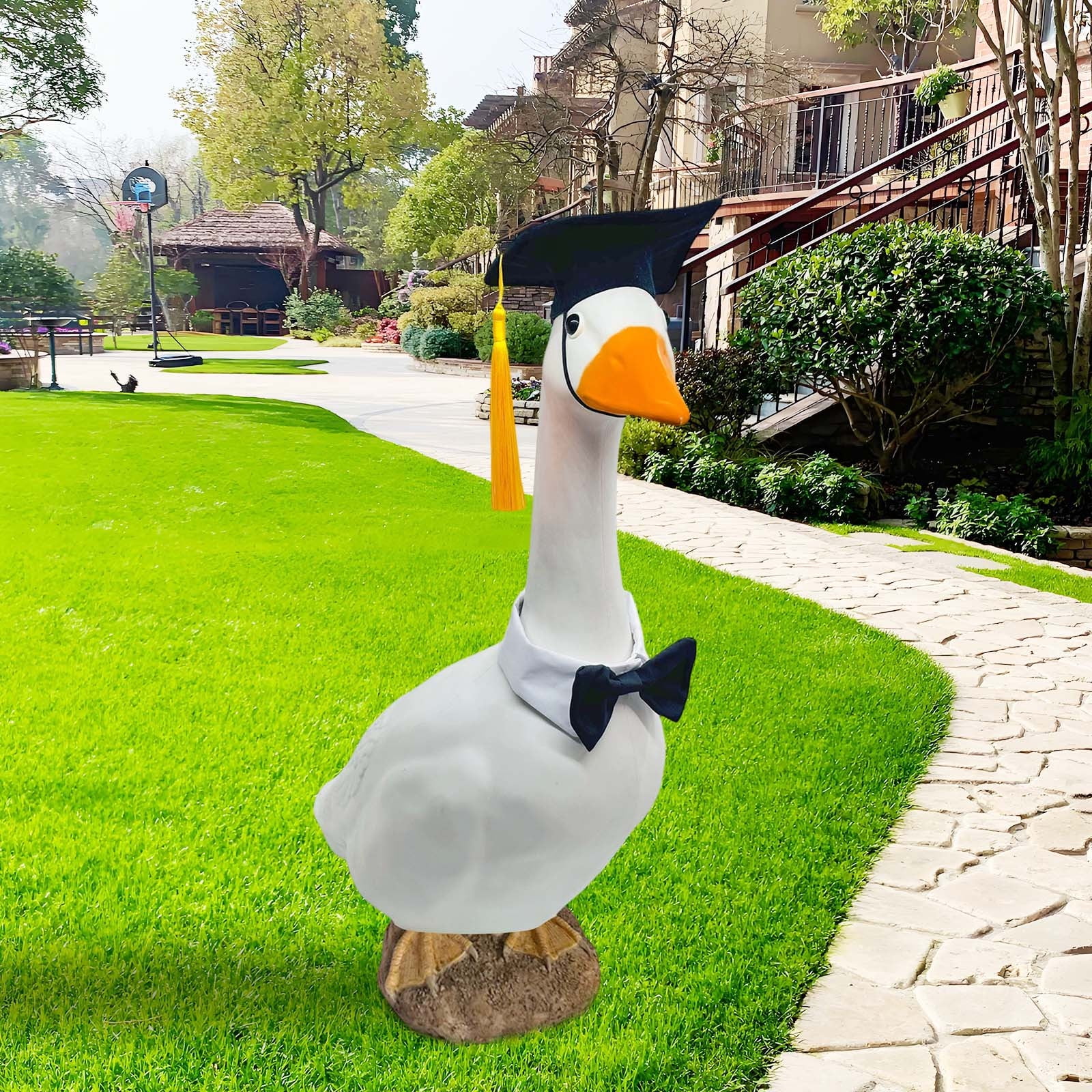3Pcs Graduation Decoration, Fufafayo Graduation Season Bachelor's Hat Big White Goose Yard Decoration, Cap And Bow Tie Ornament for Lawn, Porch Or Garden Festive Display, Black Fabric Sculpture