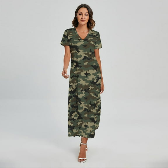 Army Green Digital Camo Pattern Printed Short Sleeve Maxi Dress, Camo Camouflage Fashion Summer Maxi Dress For Women