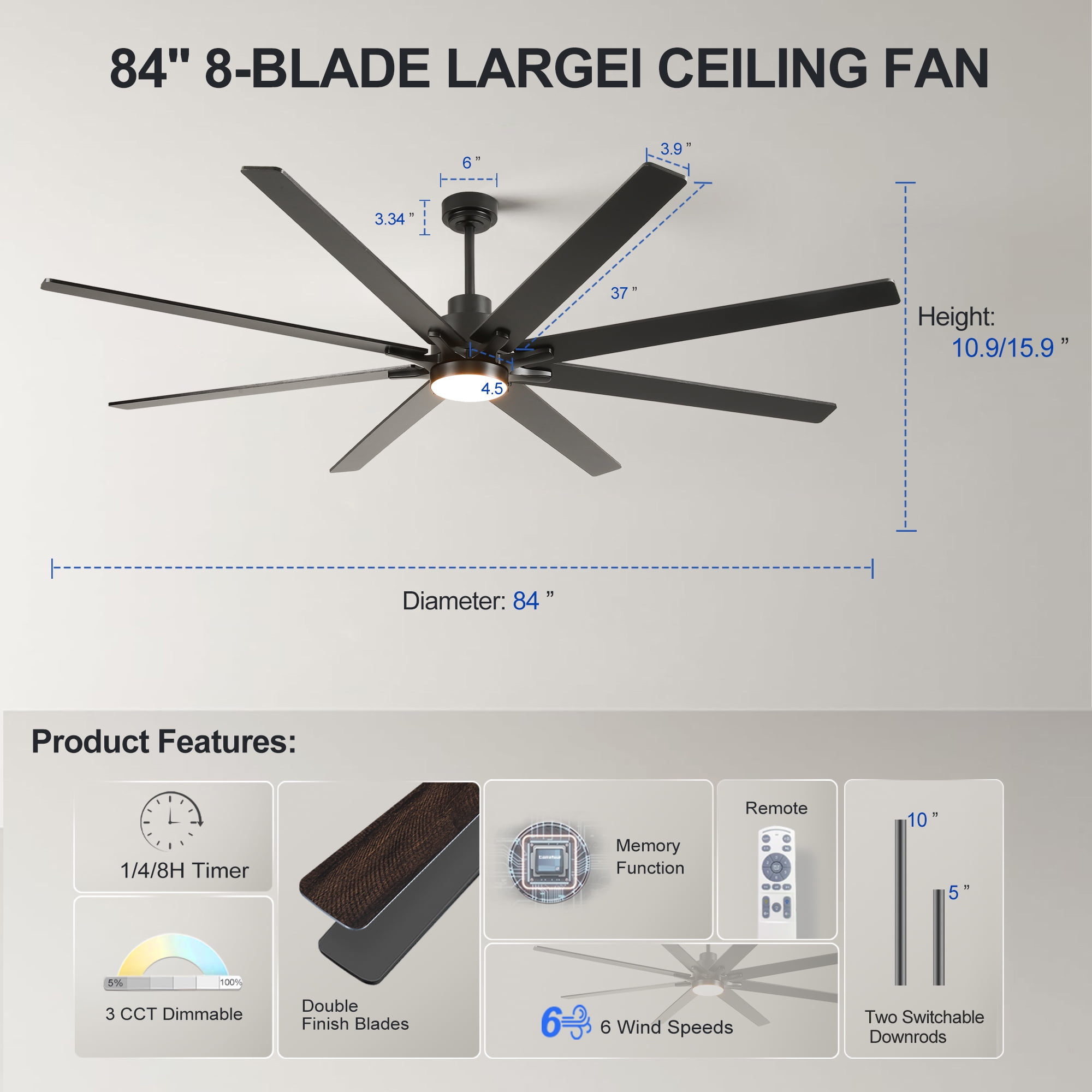 Ceiling Fan with Light, 84 Inch Extra Large Dimmable Fan for Big Indoor Space Living Hall, Matte Black Wood