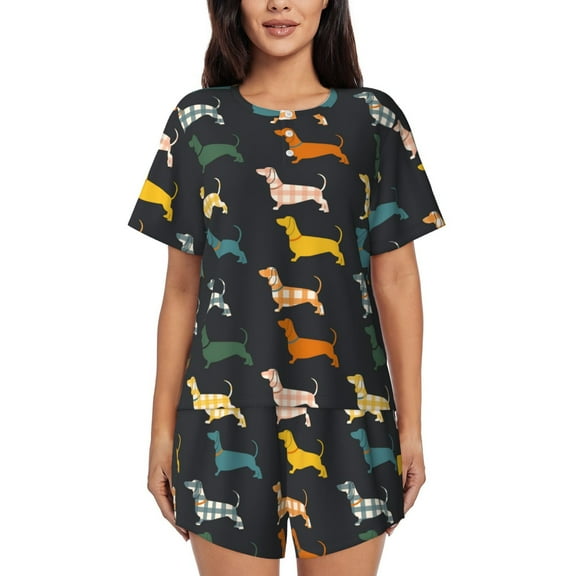 Kdxio Plaid Dachshund Print Pajamas Sets for Women Short-Sleeved Pjs with Lounge Shorts Two Piece Sleepwear S-4XL