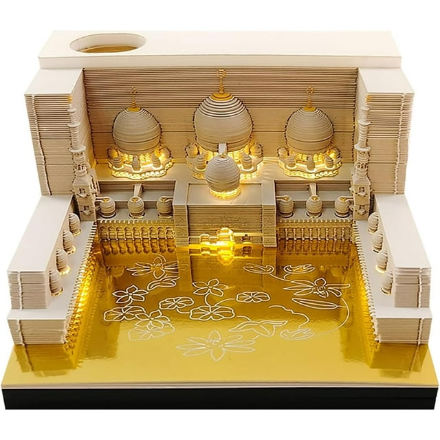 GHSDFBB 3D Art Memo Pad Mosque Notepad Non-Sticky Notes Paper Carving Convenience Stickers Art Craft Time Piece Calendar Gift for Christmas Housewarming Desktop Decoration (Without Calendar, wit
