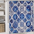 thumbnail image 5 of Blue And White Geometric Flowers Shower Curtain 4 Piece Set Bathroom Sets with Curtain Rug Toilet Cover And U Shaped Mat Watercolor Flower Bird Waterproof Shower Curtain for Bathroom Decor Set, 5 of 8