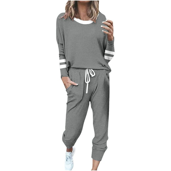 Erwazi Women's 2 Piece Outfits Printed Sweatsuit Long Sleeved Crew Neck Tops Drawstring Casual Pants Sweat Set