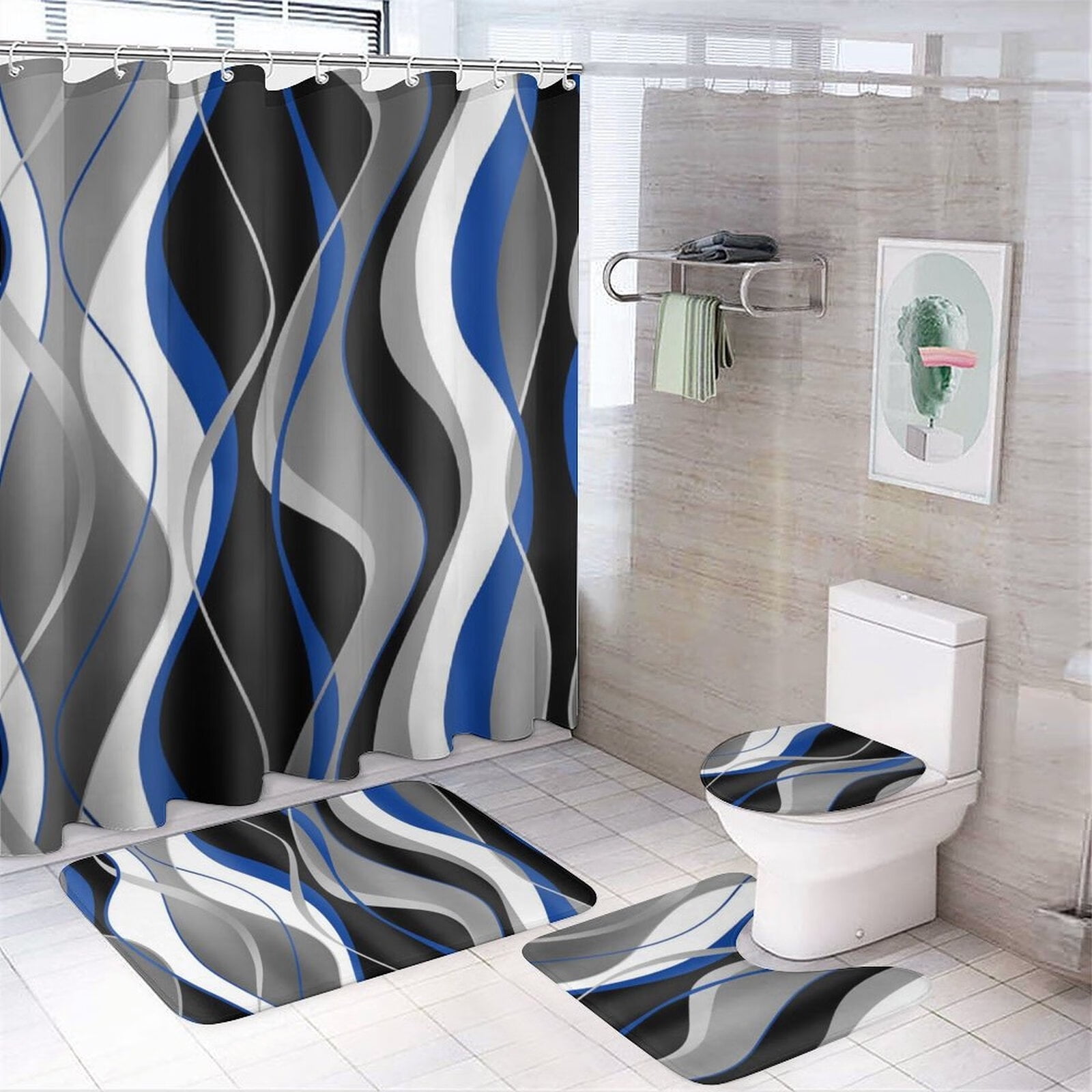 4 Pcs Blue and Black Striped Shower Curtain Set Modern Home Bathroom