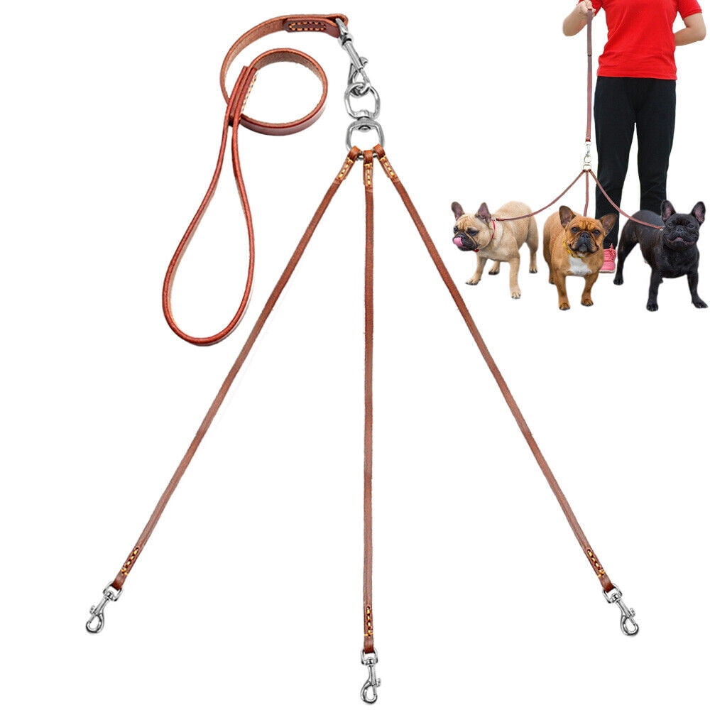 Pet Artist Genuine Leather Triple Dog Leash Couple 3 Way Pet Walking Leashes Brown for 3 Dogs