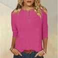 thumbnail image 2 of Htigea Women's Buttons Henley Shirts Solid 3/4 Sleeve Crew Neck Tshirts Casual Comfy Daily Tees Loose Fit Pullover Tunic Top Hot Pink,XL, 2 of 5