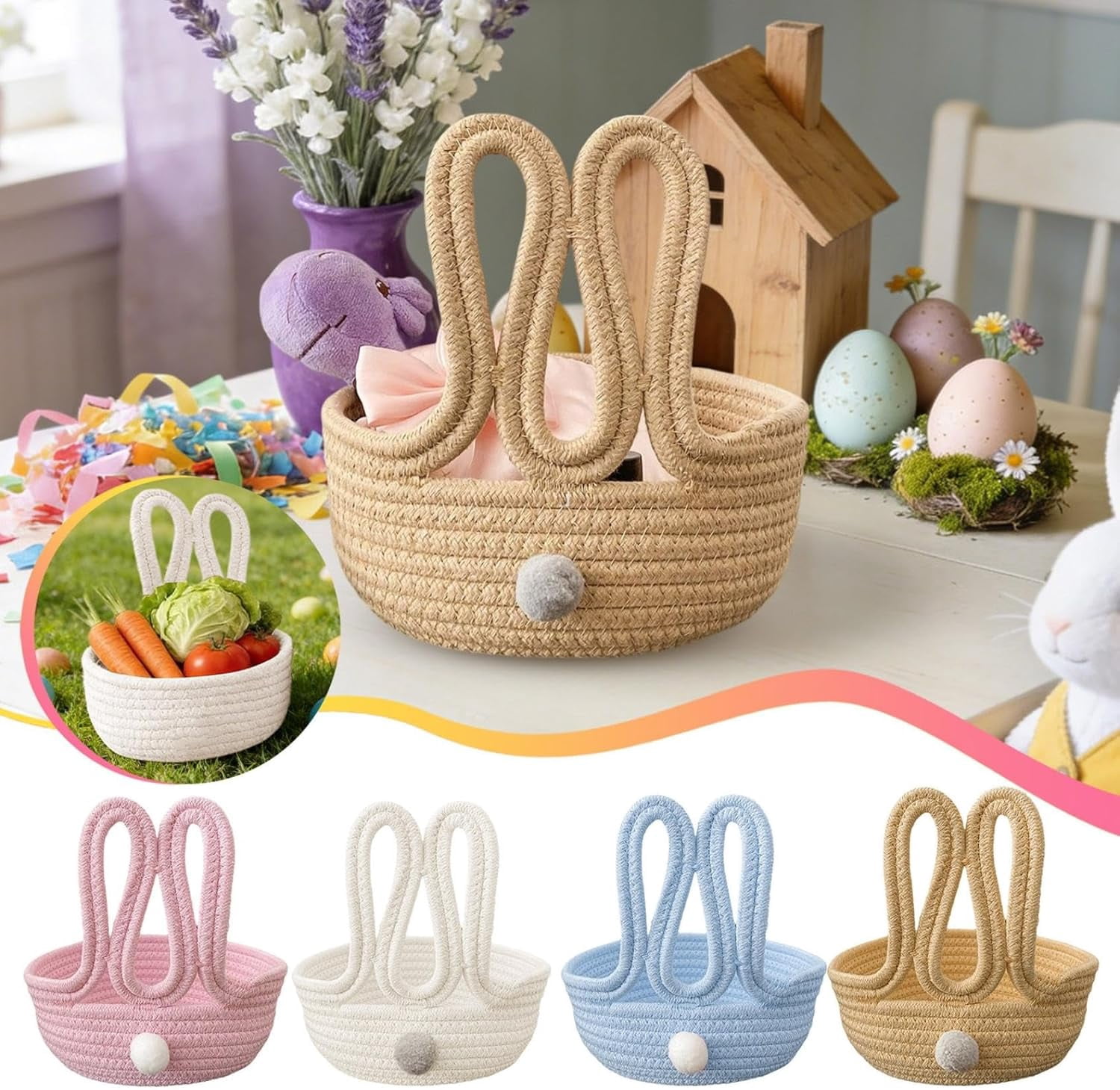 Woven Cotton Rope Easter Basket with Bunny Ears, Kids Storage Basket for Egg Hunt, Rabbit Snack Holder for Home Organizing, Cute Gift Basket(DSF)