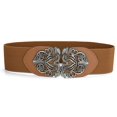 thumbnail image 2 of Women's Belts, Vintage Elastic High Stretch Wide Waist Belt, Retro Flower Brass Buckle Wide Cinch Belt Waistband, Suitable for Daily Occasions, Brown, 2 of 7