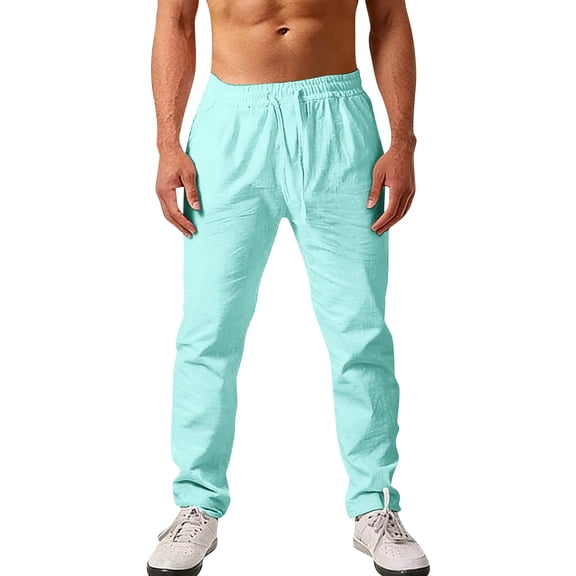 Dwellite Mens Linen Pants Loose Fit Elastic Drawstring Waist Straight-Legs Summer Beach Trousers Turquoise L