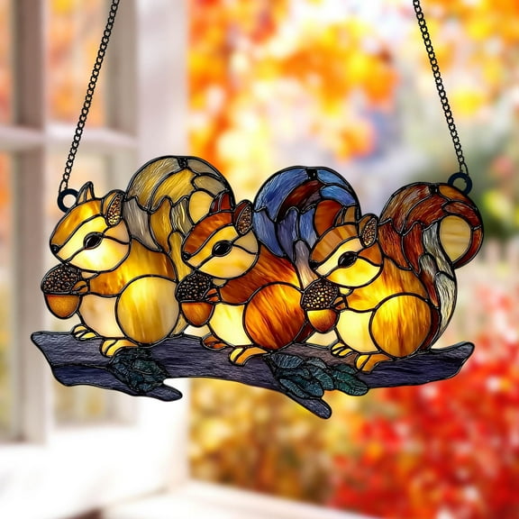 Three Squirrels with Acorns Faux Stained Glass Suncatcher, Acrylic Autumn Window Hanging for Forest and Fall Decor Gift for Mom