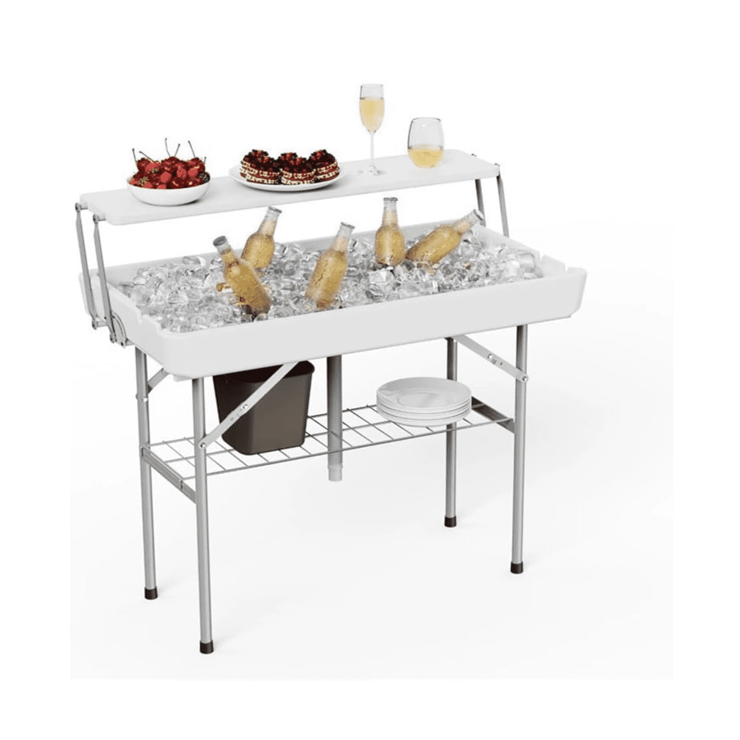 2 Tiers Outdoor Folding Ice Cooler Table with Matching Skirt, Portable Party Table with Grid Rack & Drain Hose for Patio Picnic Camping Wedding, White