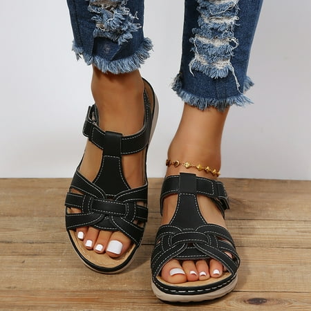 

Simplmasygenix Womens Shoes Clearance Mother s Day Gifts Muffin Faux Leather Round Toe Black Platform Straw Mesh Wedge Casual Sandals