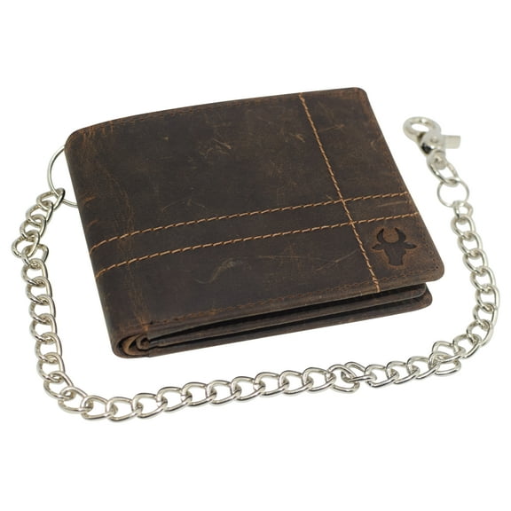CAZORO RFID Blocking Men's Bi-Fold Style Cowhide Leather Steel Chain Wallet, Genuine Vintage Leather