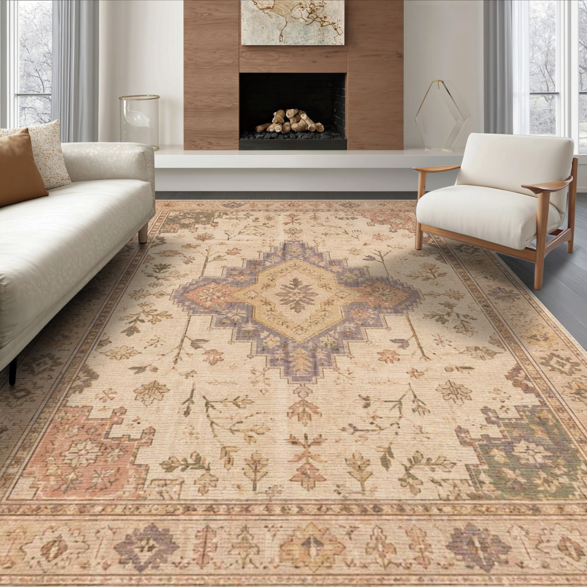 ODIKA 6 x9 Washable Area Rug Beige Vintage Floral and Geometric Design Elegant Symmetrical with Leaf Motifs for Dining Room Under Table Office D&eacute;cor Non-Slip Chair-Friendly