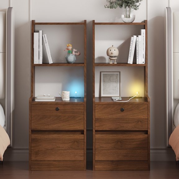 Nightstands Set of 2, End Table with Charging Station and Night Light, Side Table with Bookshelf and Storage Cabinet for Bedroom, Wood