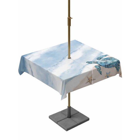 Outdoor Tablecloth with Umbrella Hole for Patio/Picnic/Party/Camping, Purple Summer Beach Waterproof Table Cloth Square Cover Washable, Coastal Waves Ocean Starfish Conch (54"x 54")