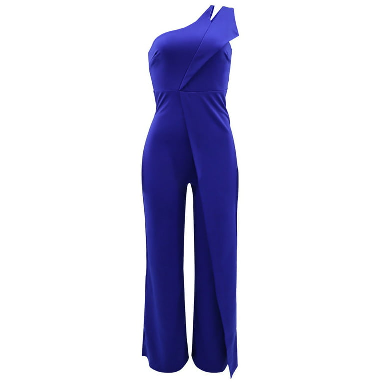 One Shoulder Jumpsuits Womens Trendy Sleeveless Dressy Jumpsuit Wide Leg  Long Romper Overalls Party Work Wear (Large, Blue)