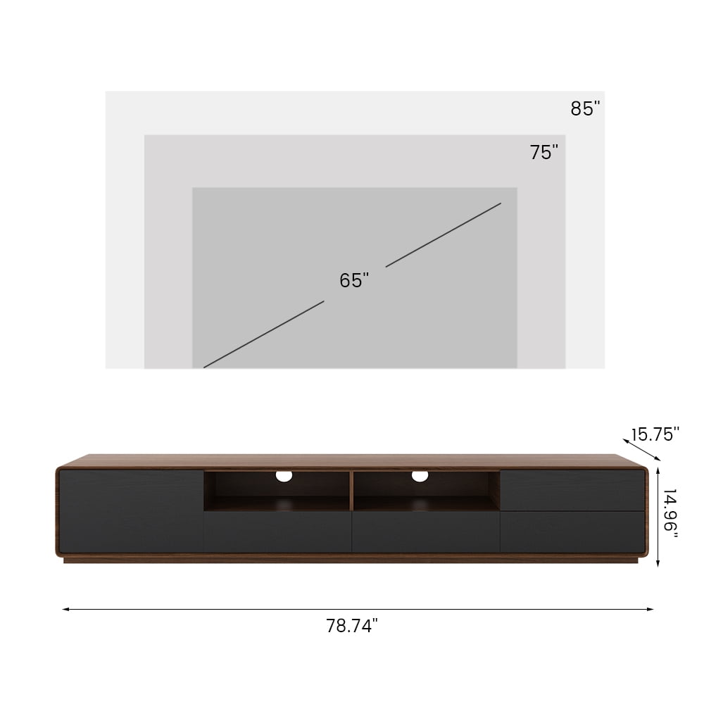POVISON Modern Wood Black TV Stand, Lowline Media Console with 4 Drawers, Open Storage Cabinet, Walnut Veneer, Fully-assembled, 78"