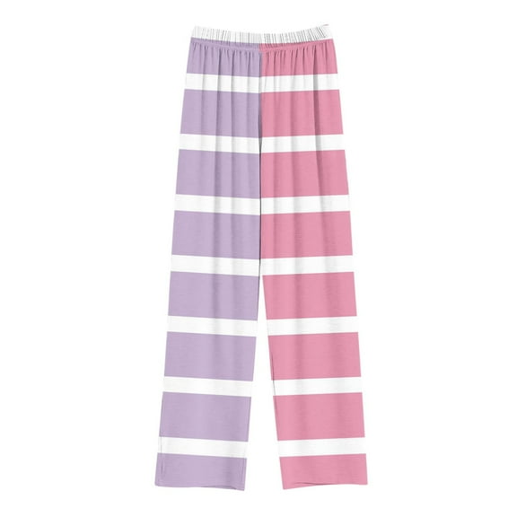 Lenpel Girls' Wide Leg Pants Striped Elastic High Waist Color Block Lounge Pants Loose Casual Trousers for Children