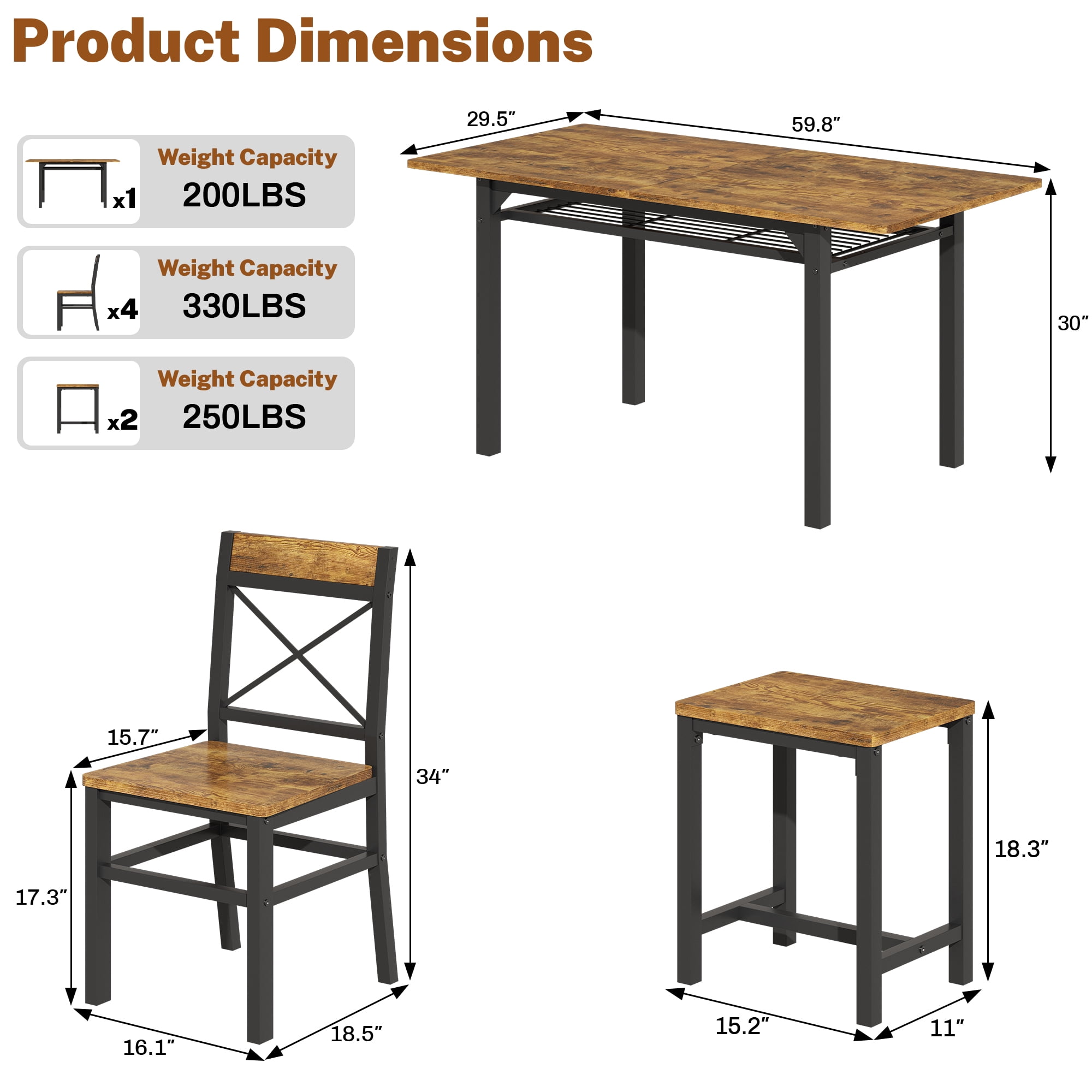 HOQBN Dining Table Set,Wooden Kitchen Table Set for 6,Farmhouse 7-Piece Dining Room Furniture for Small Space, Breakfast Nook, Apartment,Brown