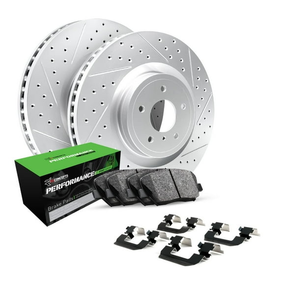 R1 Concepts Drilled and Slotted Carbon Coated Disc Brake Rotor Set with Performance Sport Pads and Hardware WBSH1-74068