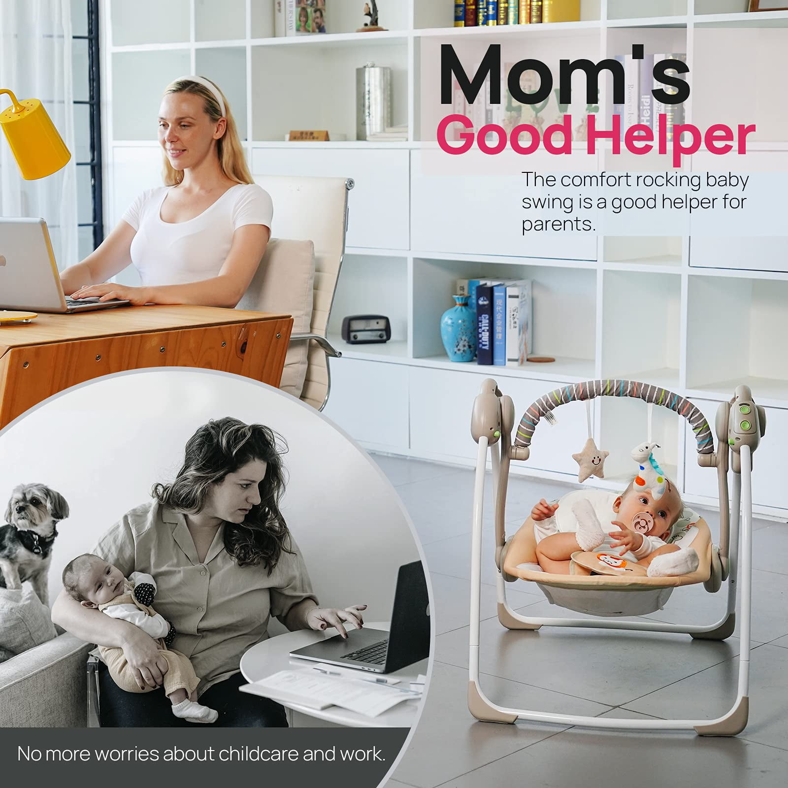 Vikua Electric Baby Swing for Infants 0-9 Months,Portable Foldable Infant Swing with 6 Speeds & Soothing Music,Baby Swing for Newborns,Khaki
