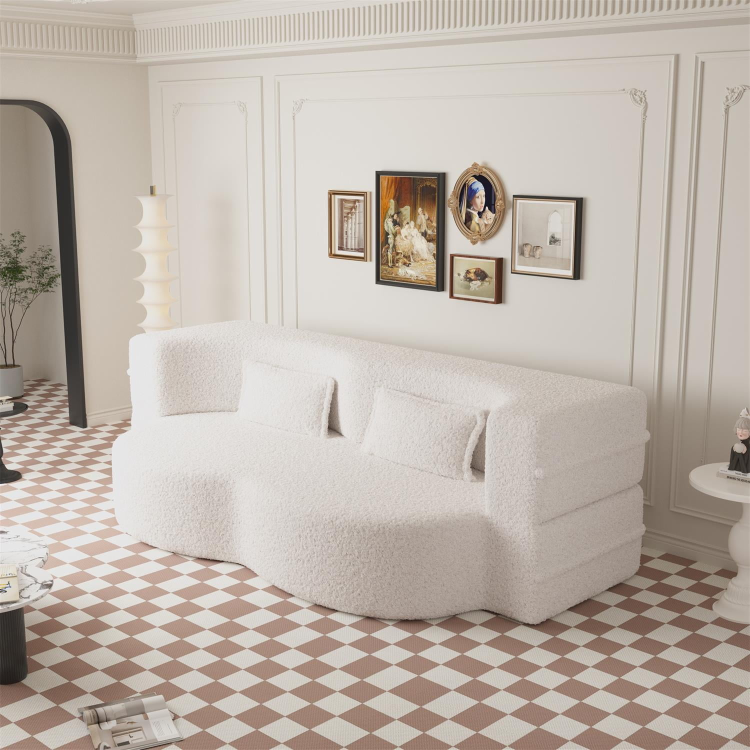 Demi Bonn 78" Modern Floor Sofa Bed with 2 Pillows, Convertible Teddy Fabric Full Size 15" Foam Mattress, No Assembly, Stylish Sleeper Couch for Living Room, White