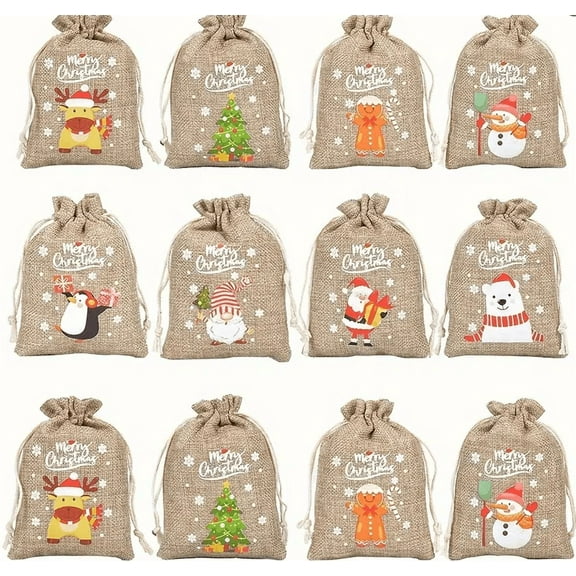 24 cotton gift bags with drawstrings - reusable cotton gift bags, Christmas decorations, featuring patterns of Santa Claus, reindeer, snowmen and Christmas trees.