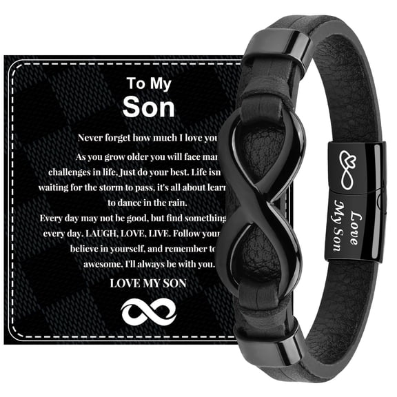 To My Son Bracelet from Mom or Dad, Black Leather-Style Infinity Bracelet with Love My Son Engraving and Inspirational Message Card, Birthday Graduation Christmas Gift for Teen Boys and Men