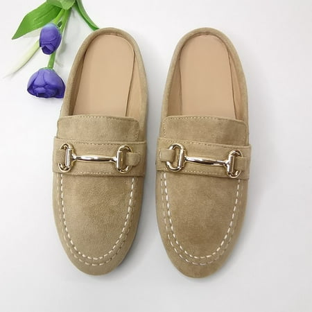 

Women‘s Closed Toe Flat Mules Solid Color Metal Decor Round Toe Shoes Casual Slippers