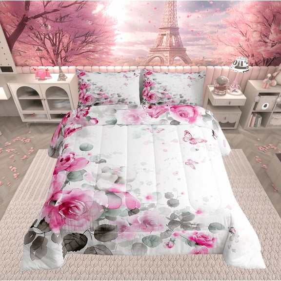 Watercolor Rose Full Comforter Set,Pink Rose Flowers Bedding Set Women,Romantic Butterfly Bedding Comforter Sets,Garden Botanical Floral Leaf Duvet Insert