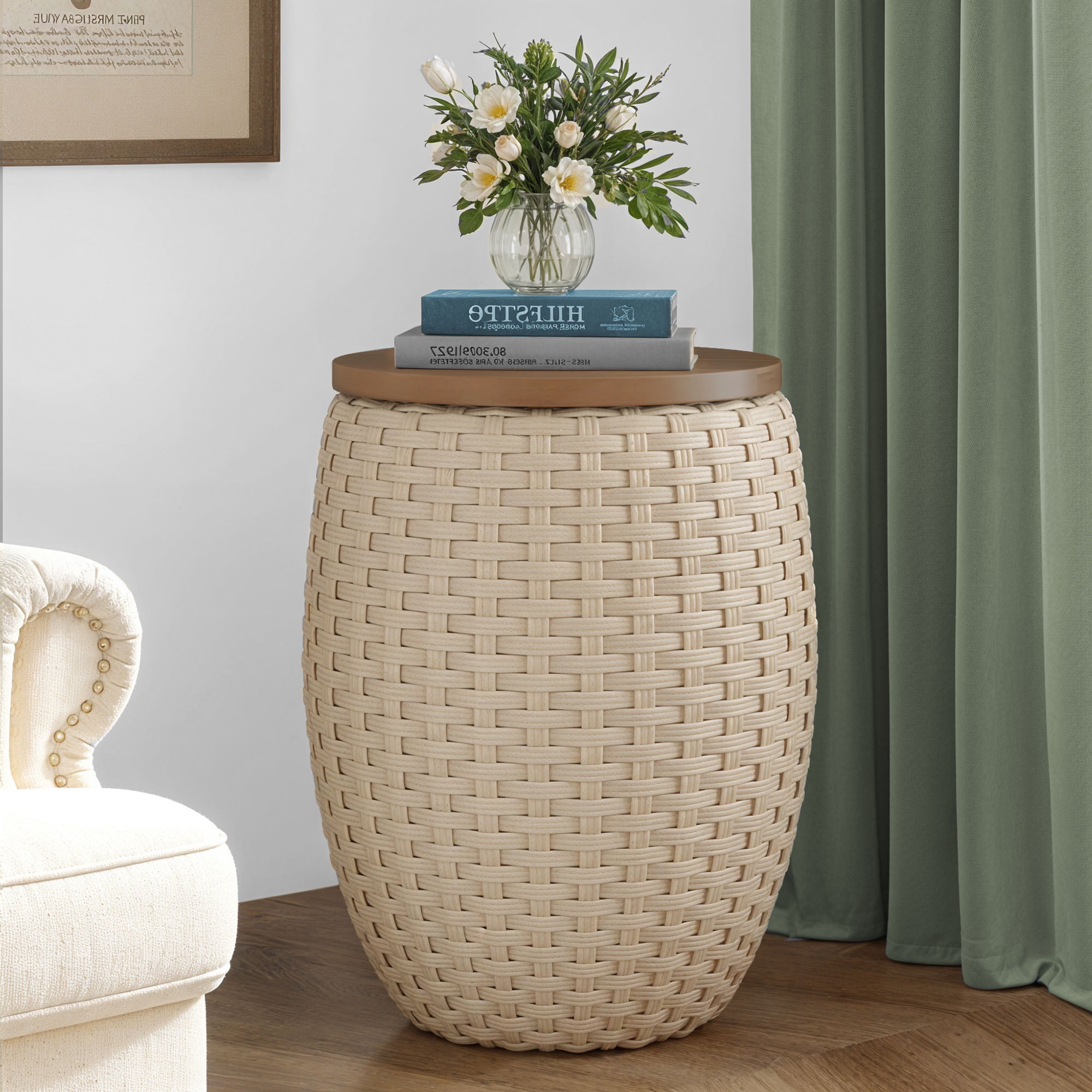 Uforic Outdoor Wicker Drum Side Table set of 2, All-weather Rattan Small Storage Box End Table, Coffee Table with Solid Wood Lid - Brown