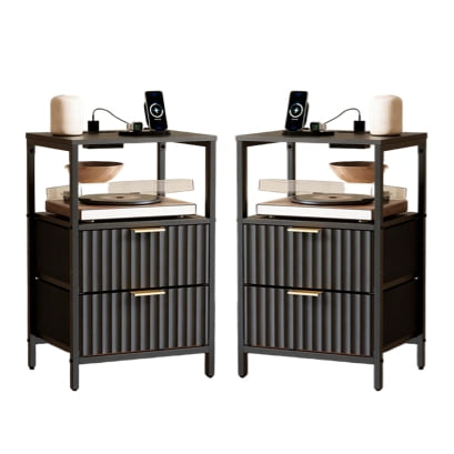 Ktaxon 2pc Nightstand with Charging Station End Table with 2 Fabric Drawers Bedside Table Furniture for Bedroom, Living Room,Fluted Wave Design