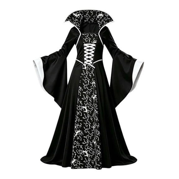 Virmaxy Halloween Costume Halloween Costume Girls Halloween Dress High Collar Lace Up Bell Sleeve Maxi Gown with White Pattern for Fall Party Sizes 3-13Y