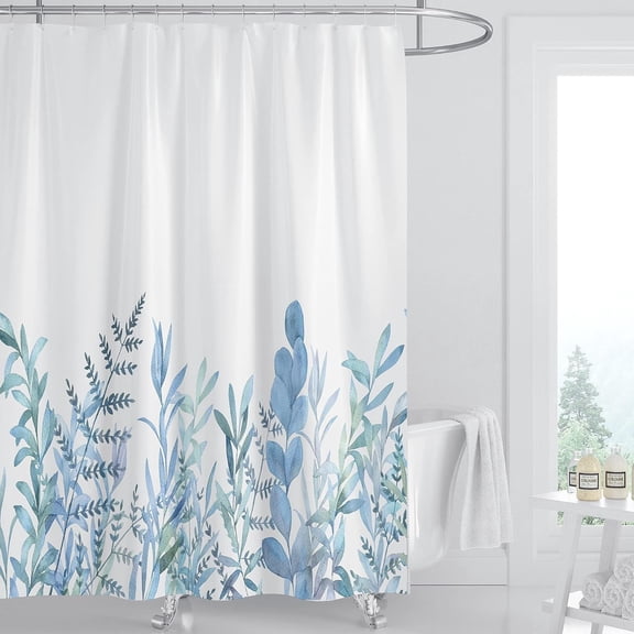Blue Flower Shower Curtains for Bathroom,Watercolor Plant Leaf Shower Curtain, Eucalyptus Spring Shower Curtain with 12 Hooks, Waterproof Fabric Shower Curtains for Bathroom, 71x71inch