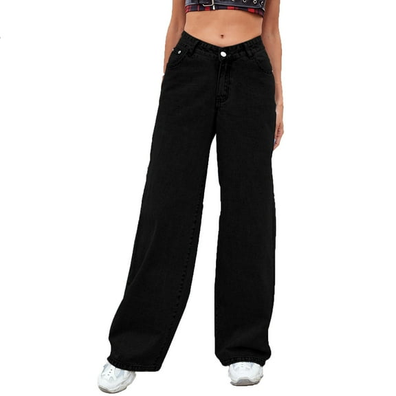 JIKNTTR Women's Classic Fit Jeans Fashion Solid Color Loose Button Pant Pocket Washed Polished Waist Ripped Jeans Trousers Trendy Casual Denim Pants