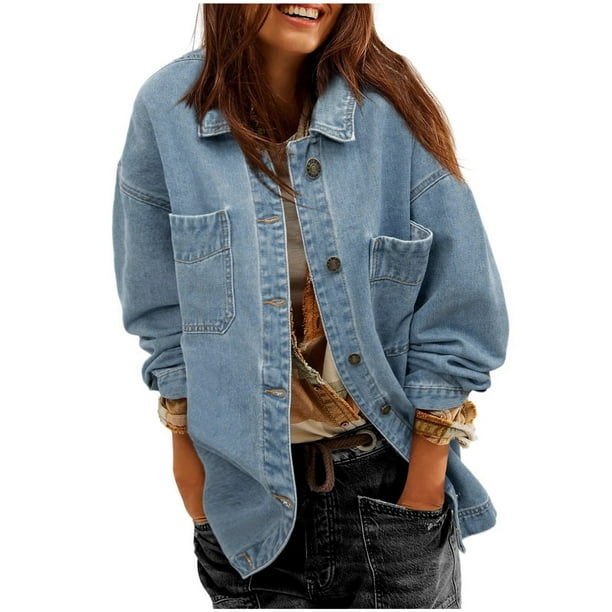 Chaqueta vaquera de manga larga sin capucha y abrigos de mezclilla de color liso para mujer Chaqueta vaquera de manga larga con botones y bolsillo Abrigo superior para mujer