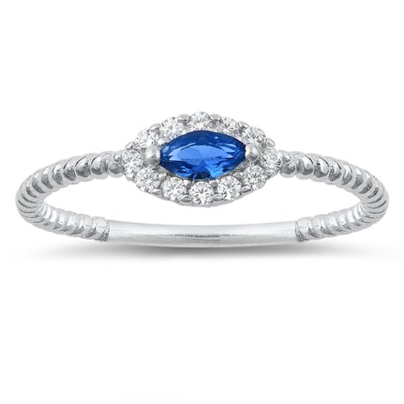 Blue Simulated Sapphire Marquise Halo Ring 925 Sterling Silver Rope Band CZ Female Size 9