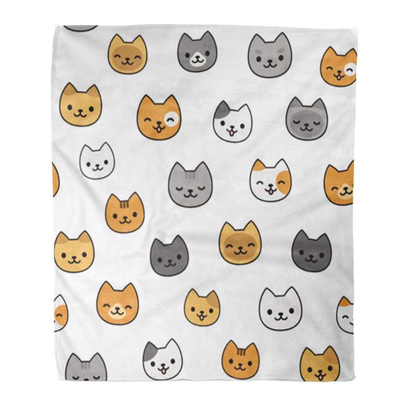 SIDONKU Throw Blanket Warm Cozy Print Flannel Kawaii of Cute Cartoon Cats Different Breeds and Colors Pattern Comfortable Soft for Bed Sofa and Couch 50x60 Inches